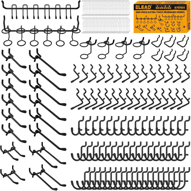ELEAD 200-Piece Extra Thick Pegboard Hooks Set, 1/4" Heavy Duty Black Peg Board Organizer Accessories, Metal Pegboard Accessories with Pegs Lock, Peg Board Hooks for Hanging - Image 1